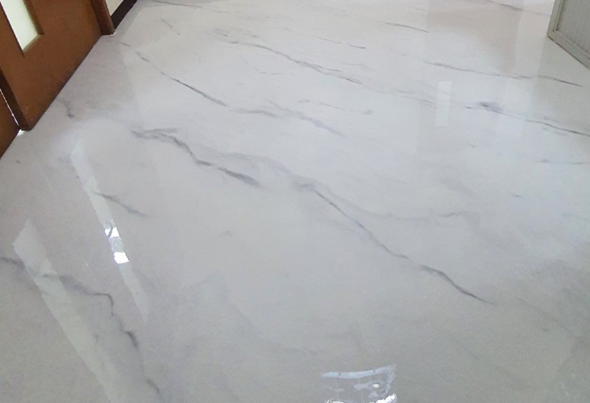 White marble look epoxy floor